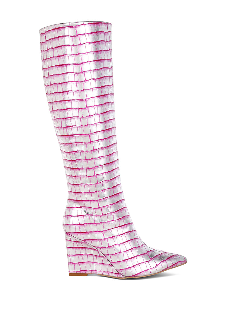 bass head croco metallic long boots#color_pink