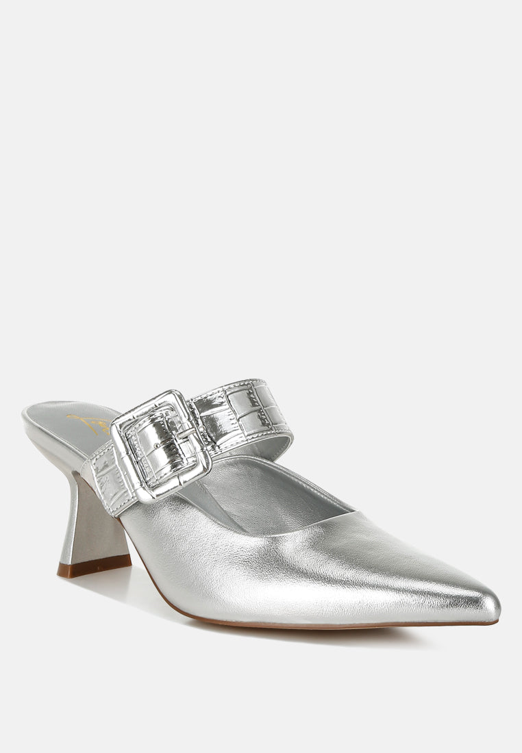 bismi large buckle kitten heel mules#color_silver