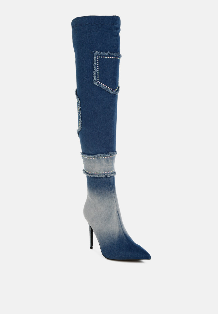 eilish rhinestones knee high denim boots#color_dark-blue