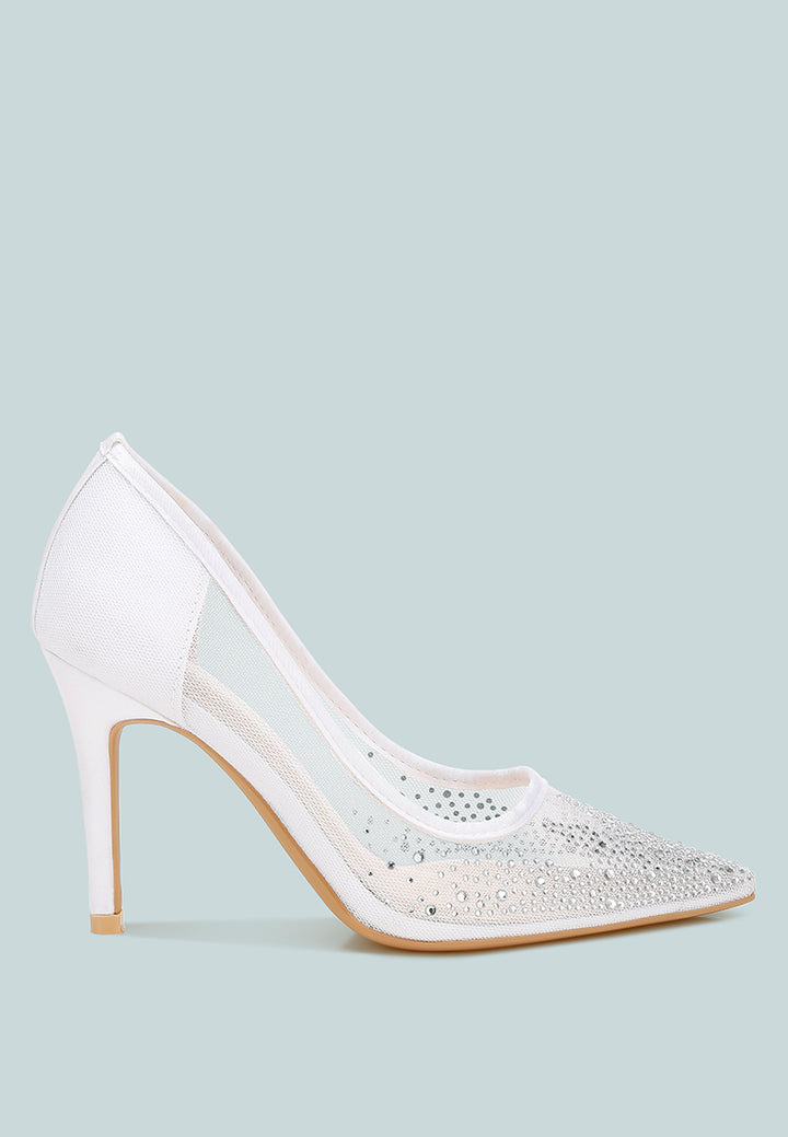 high ball mesh rhinestone stiletto pumps#color_white