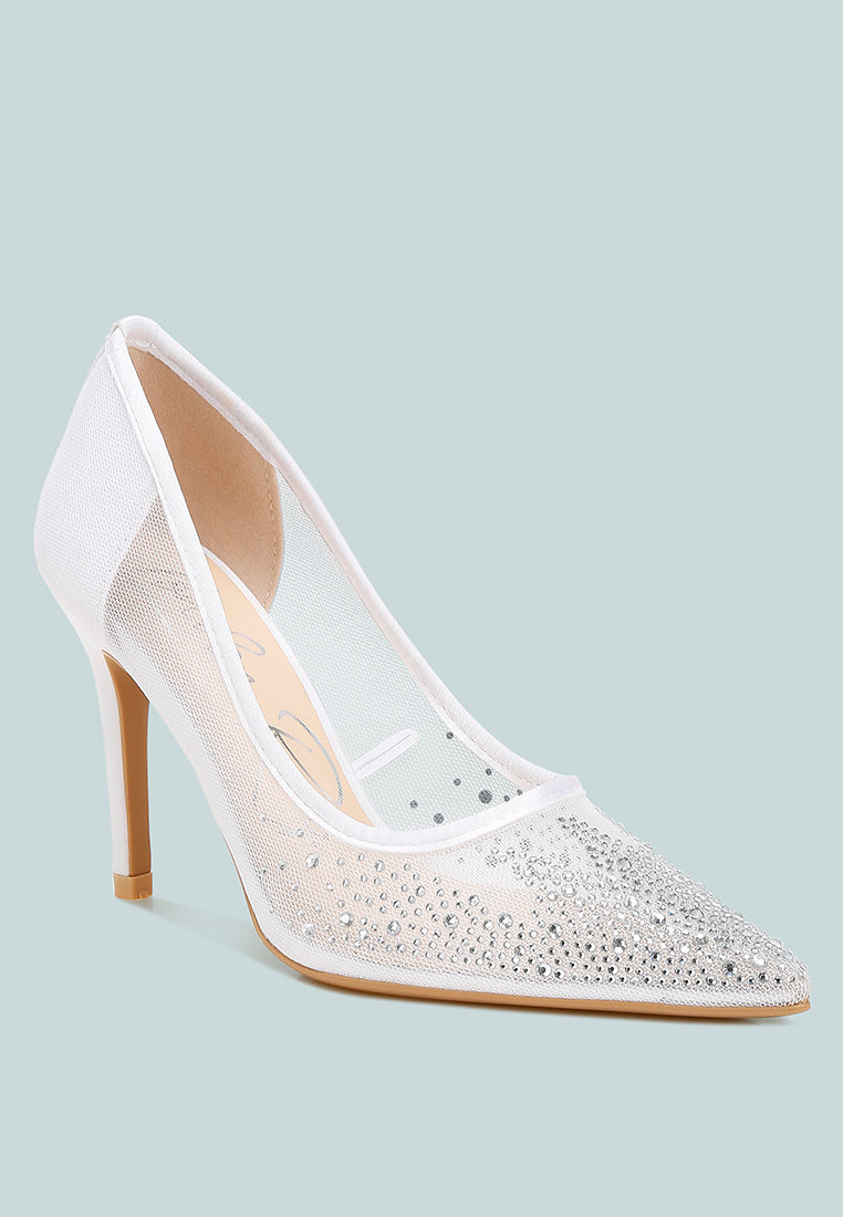 high ball mesh rhinestone stiletto pumps#color_white