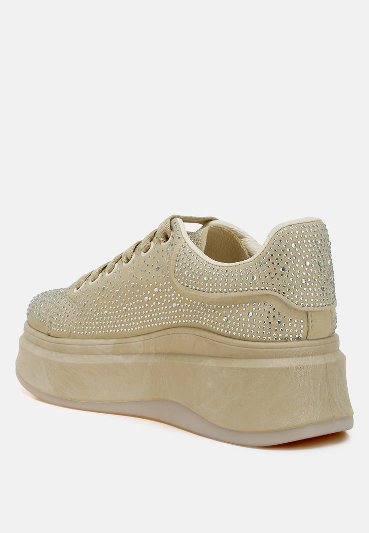 jitter bug rhinestones embellished chunky sneakers#color_beige