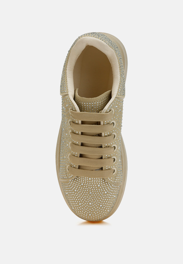 jitter bug rhinestones embellished chunky sneakers#color_beige