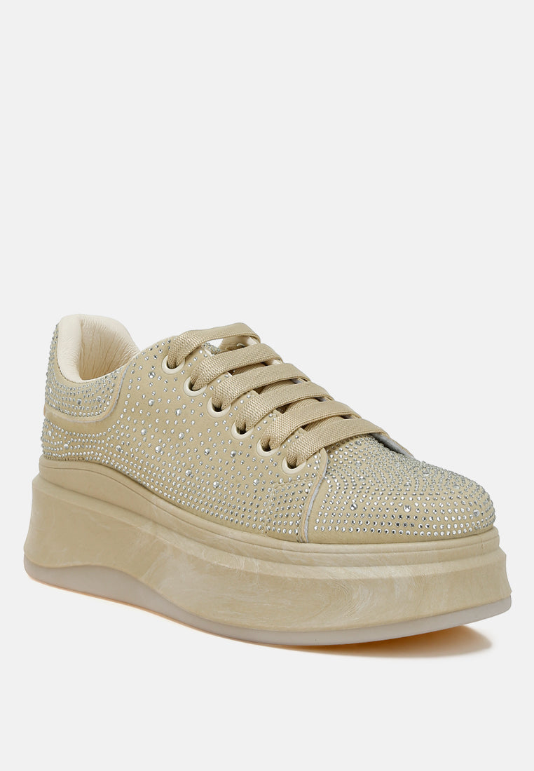 jitter bug rhinestones embellished chunky sneakers#color_beige