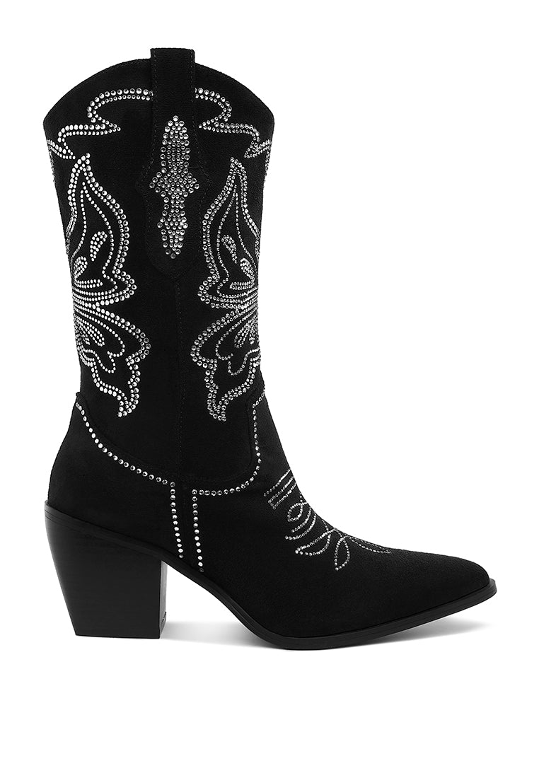 latafa rhinestones embellished cowboy boots#color_black