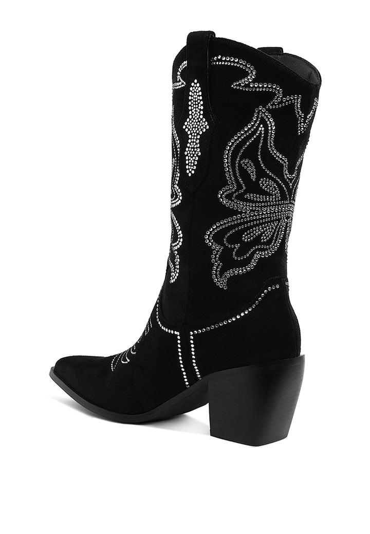 latafa rhinestones embellished cowboy boots#color_black