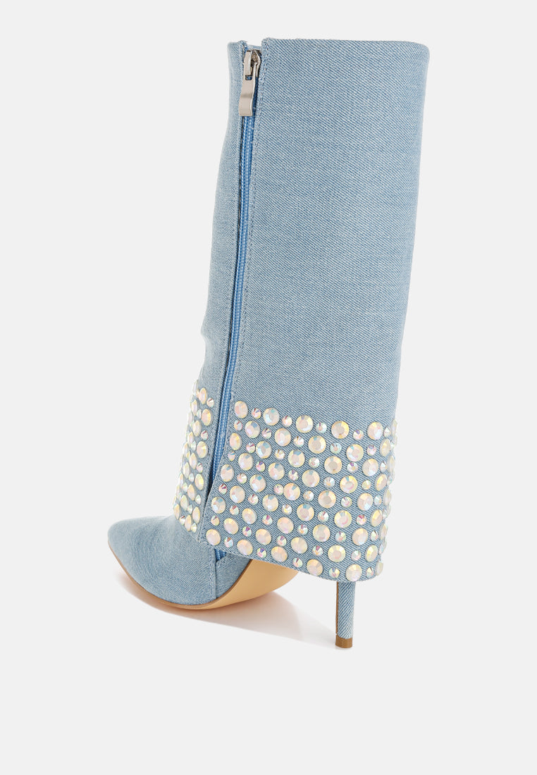 mike drop diamante & rhinestones denim boots#color_blue