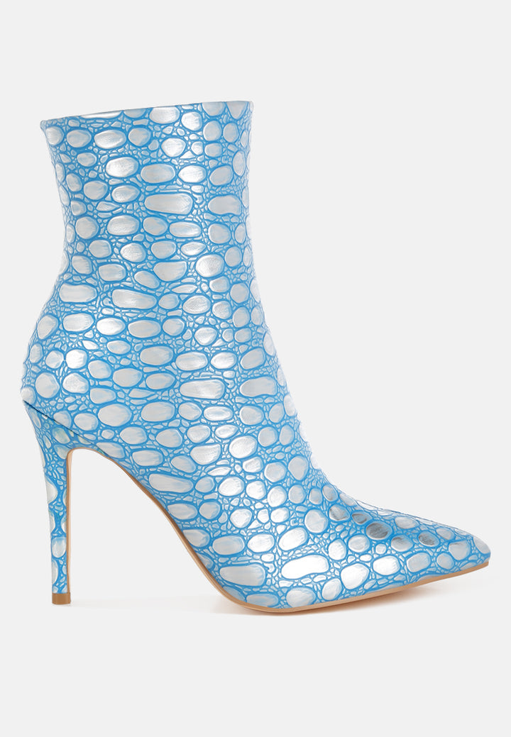 moolah embossed stiletto heel ankle boots#color_blue