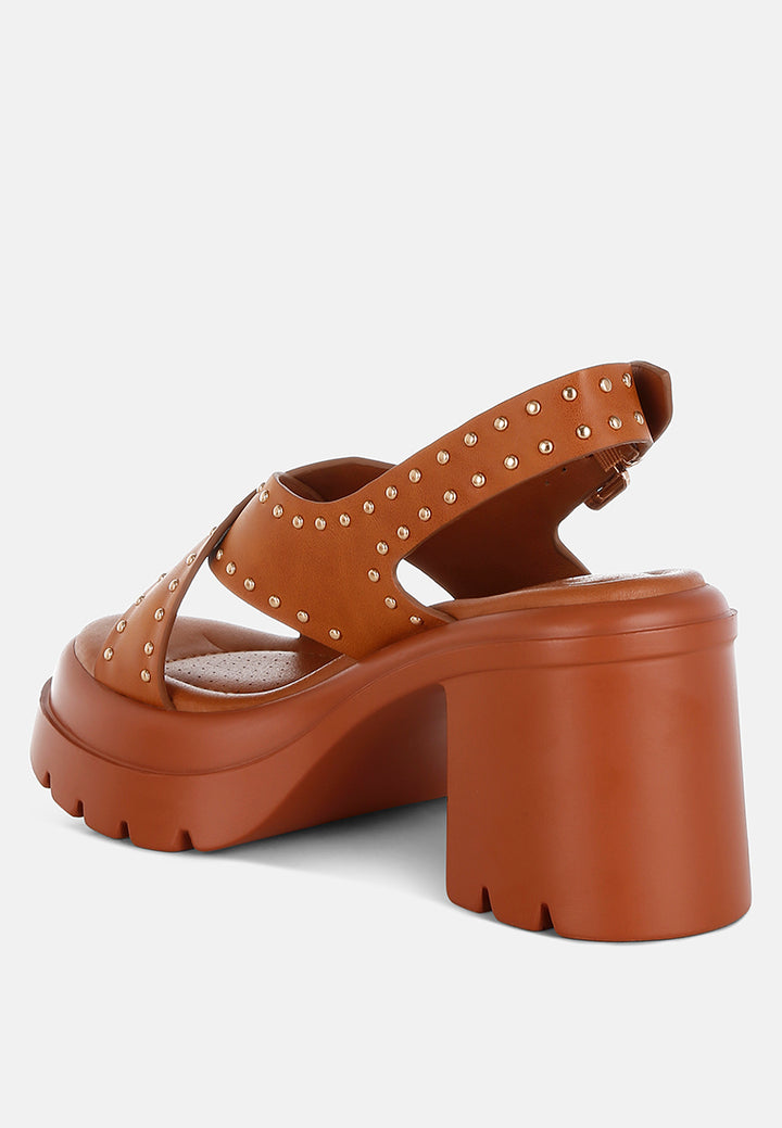 nambo stud embellished block heel sandals#color_tan