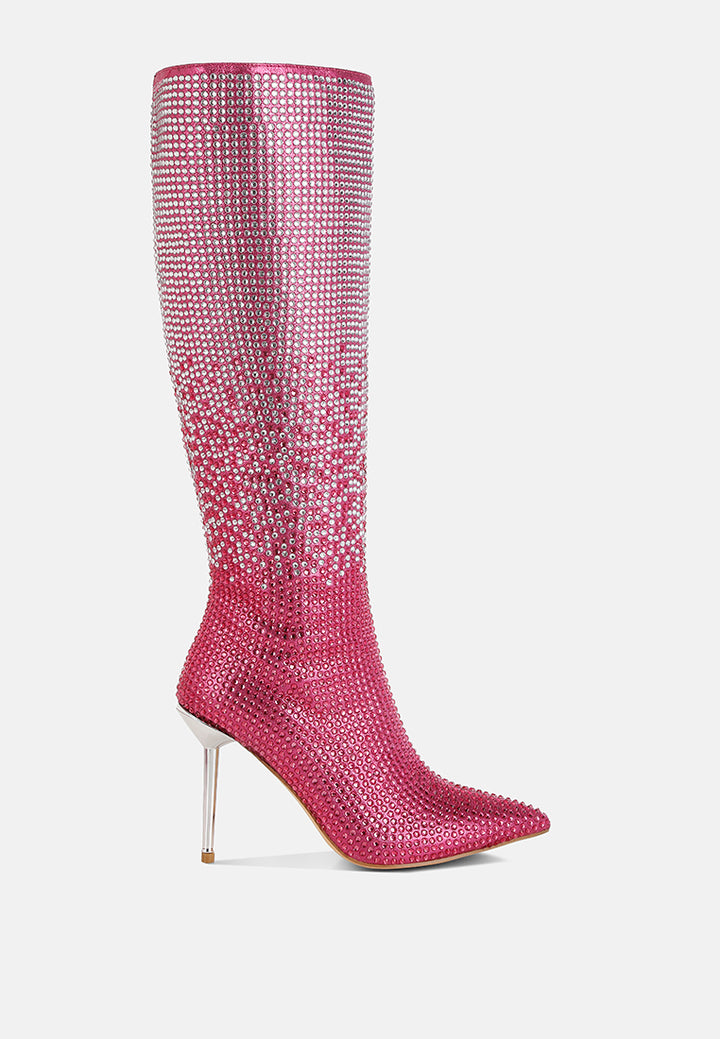 orymple shiny rhinestone studded calf boots#color_pink