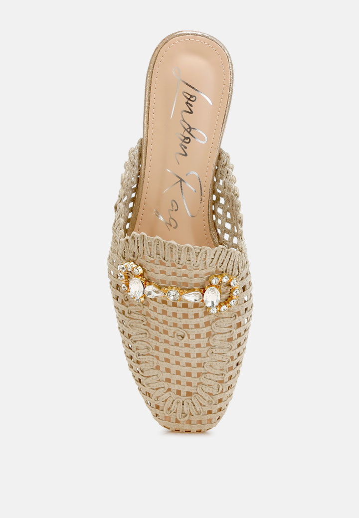 roboma metallic woven diamante mules#color_beige