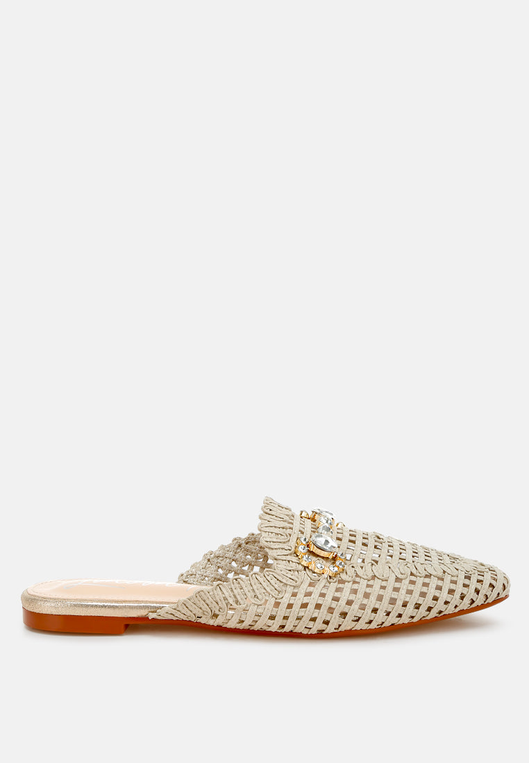 roboma metallic woven diamante mules#color_beige