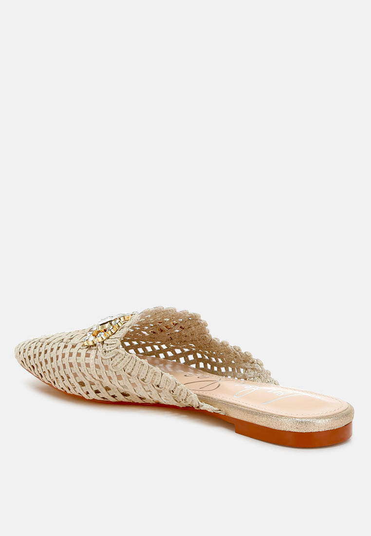 roboma metallic woven diamante mules#color_beige