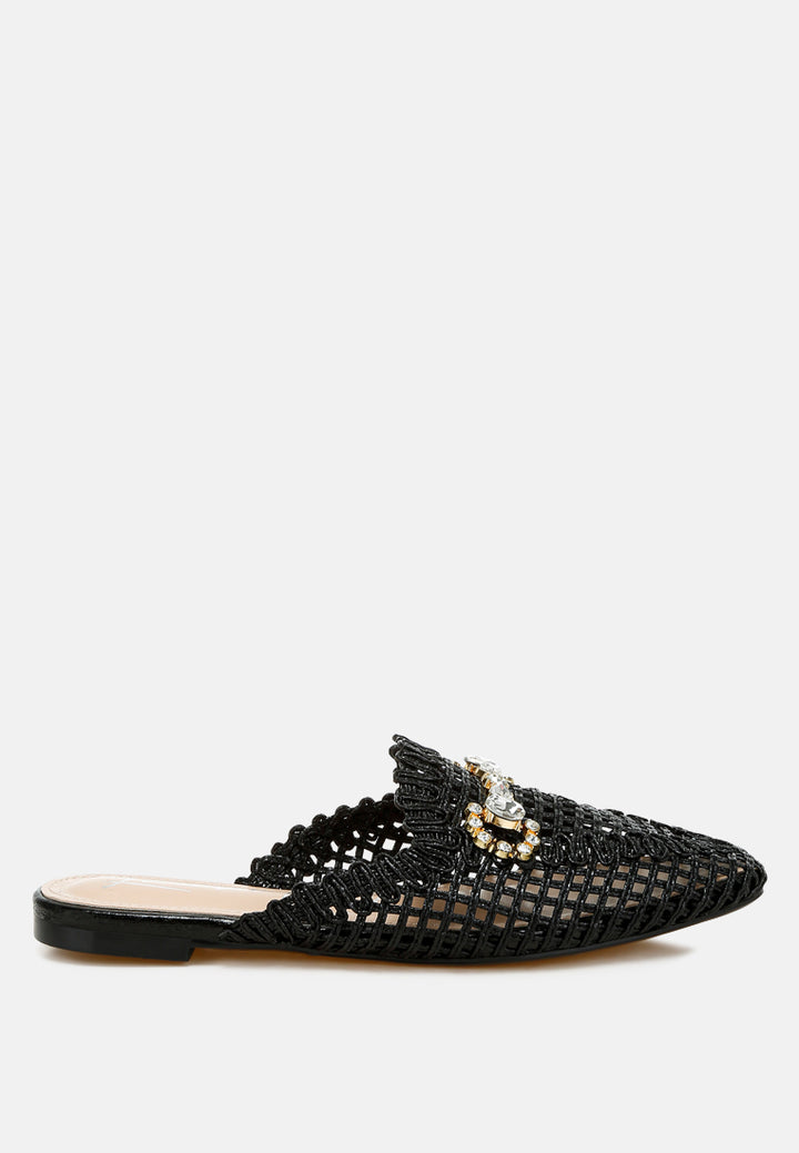 roboma metallic woven diamante mules#color_black