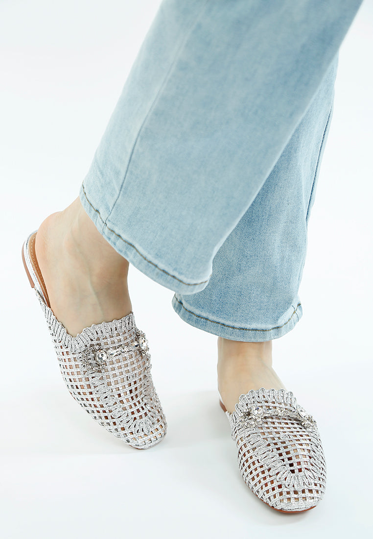 roboma metallic woven diamante mules#color_silver