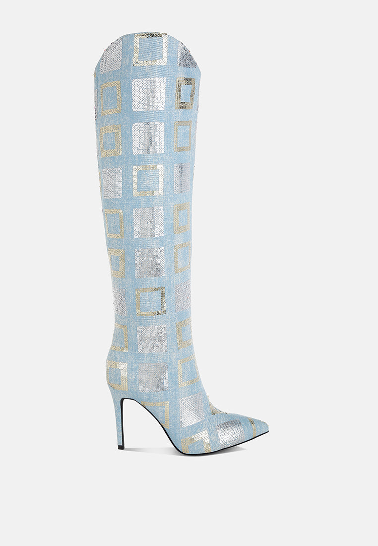 sharmin checkered sequin knee high boots#color_blue