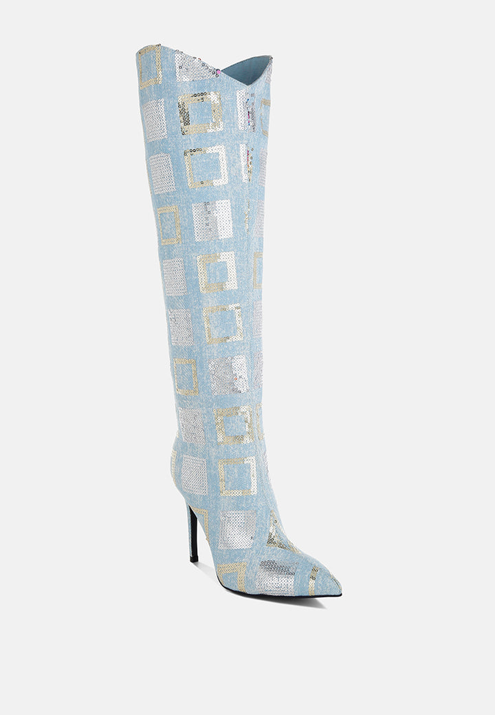 sharmin checkered sequin knee high boots#color_blue