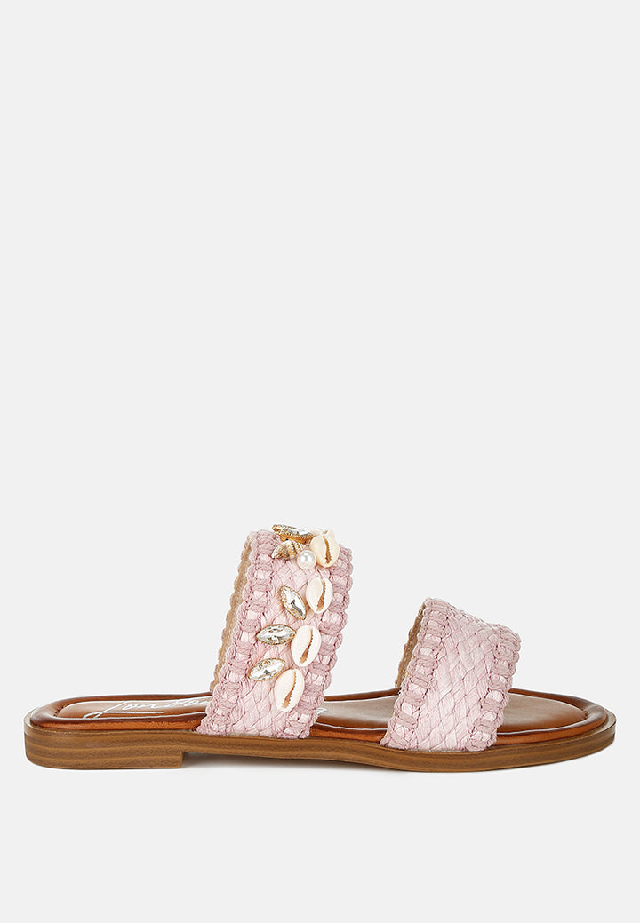 shellfish raffia slip on sandals#color_pink