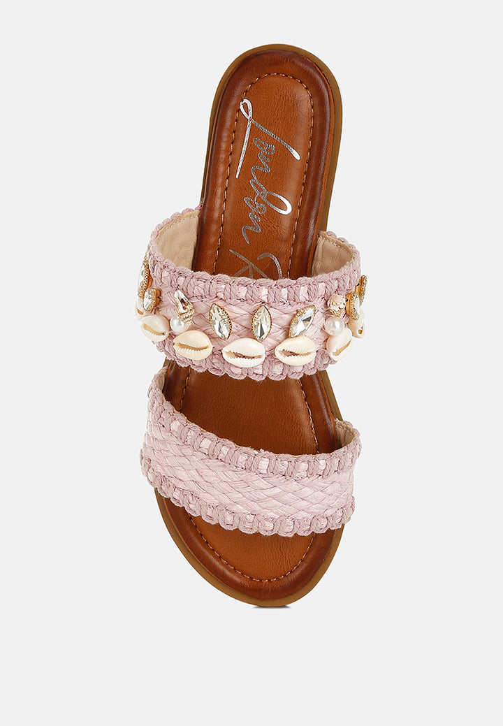 shellfish raffia slip on sandals#color_pink