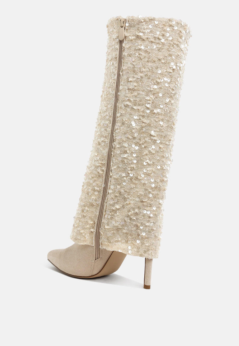 sin city sequinned fold-over calf boots#color_beige