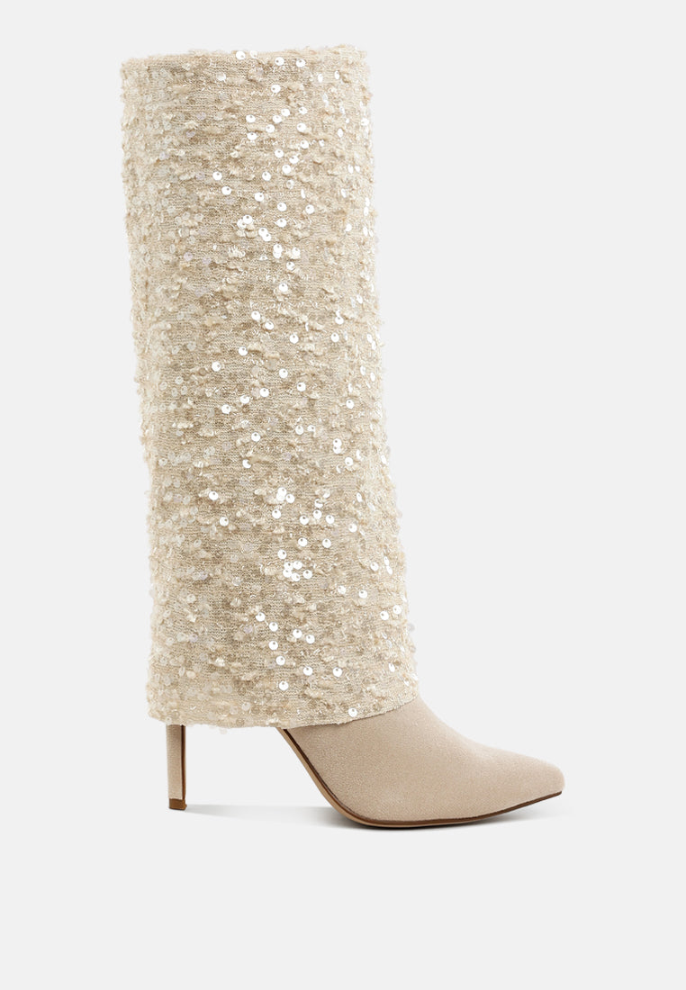 sin city sequinned fold-over calf boots#color_beige