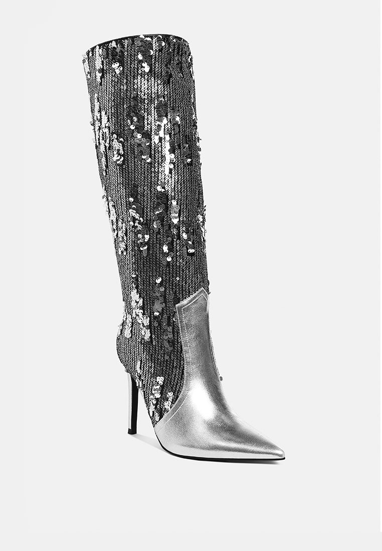 sitarah sequin embellished metallic long boots#color_silver