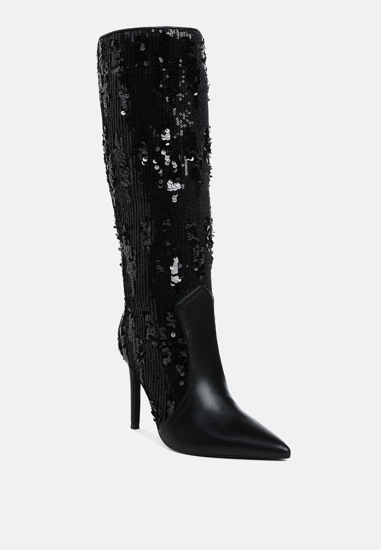 sitarah sequin embellished stiletto long boots#color_black