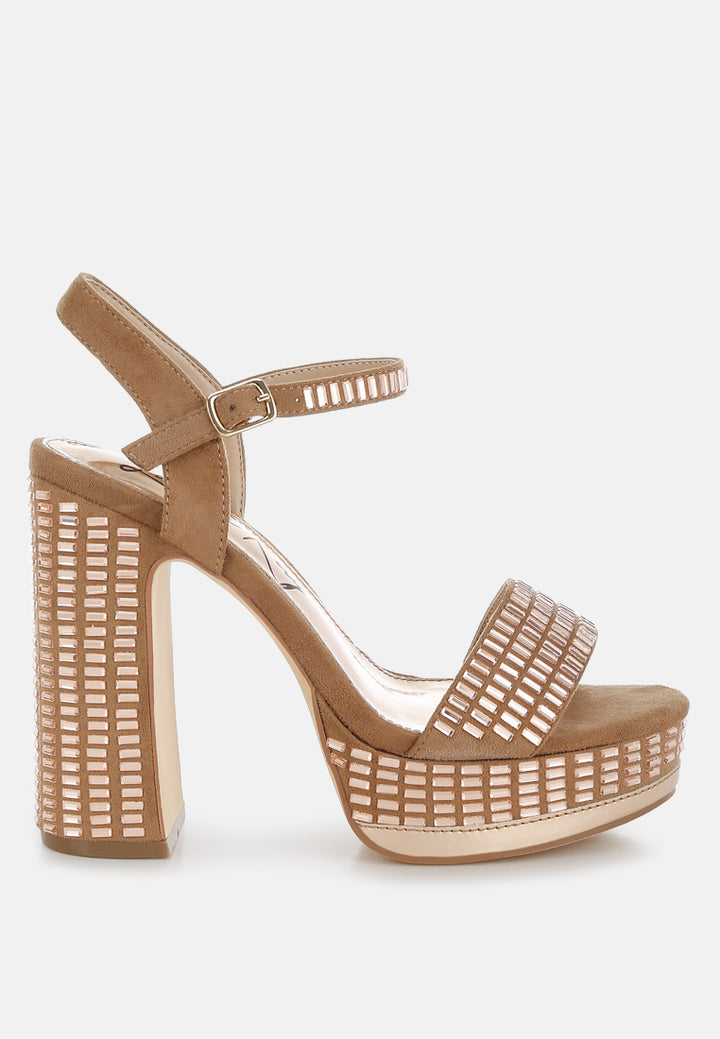 starlet rhinestones embellished ankle strap heels#color_tan