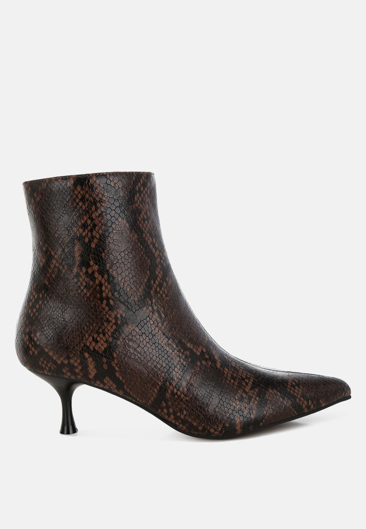 thymus snake print kitten heel boots#color_chocolate