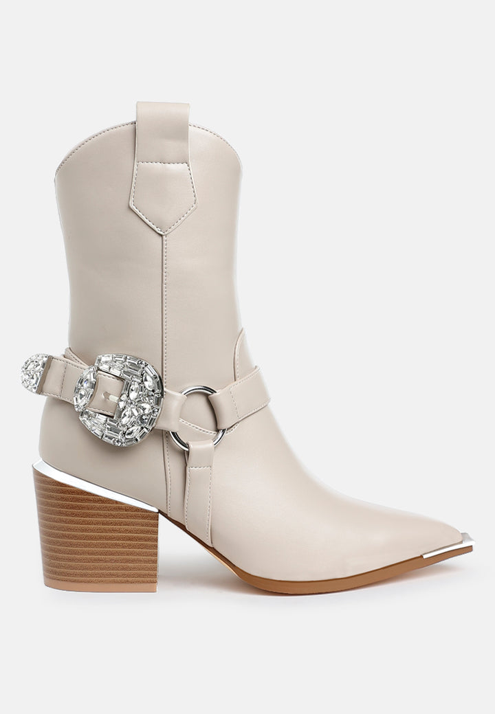 woodstock diamante embellished pin buckle boots#color_beige