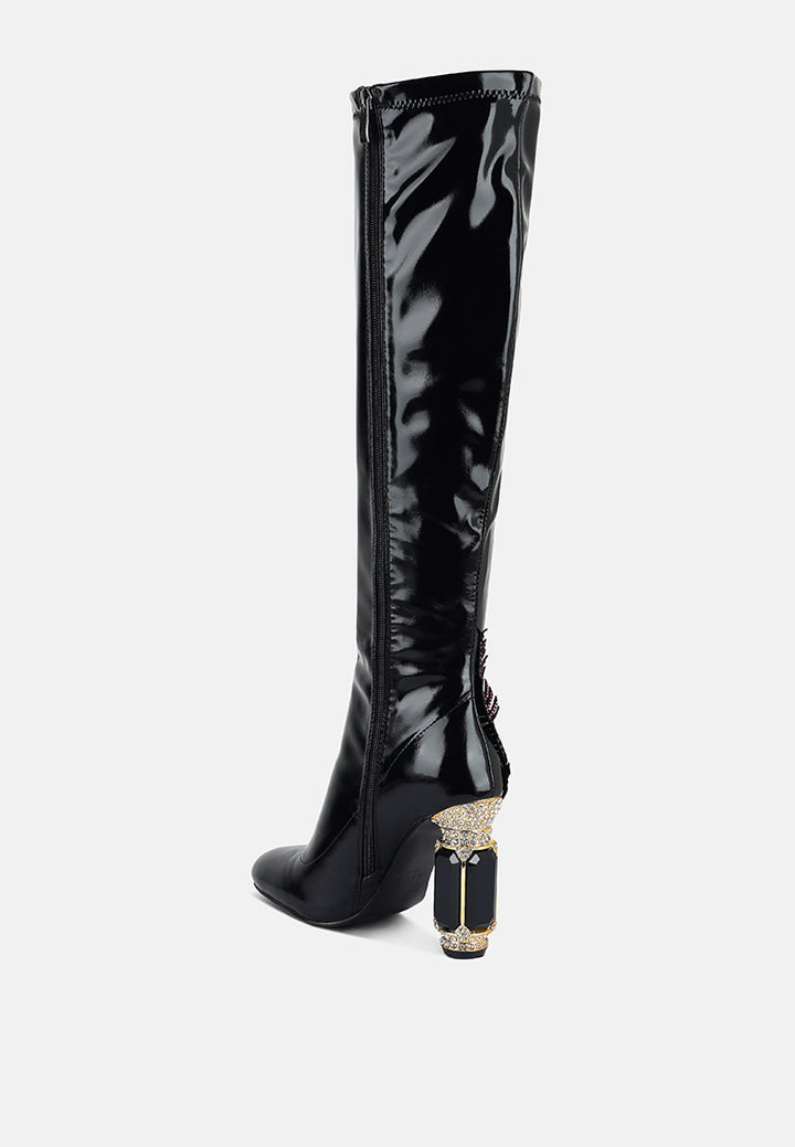 ecstasy fantasy heel patchwork knee high boots#color_black