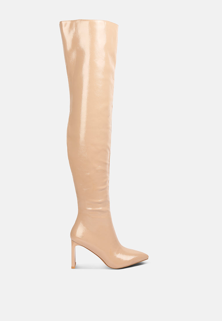 minkles patent pu long slim block heeled boots#color_beige