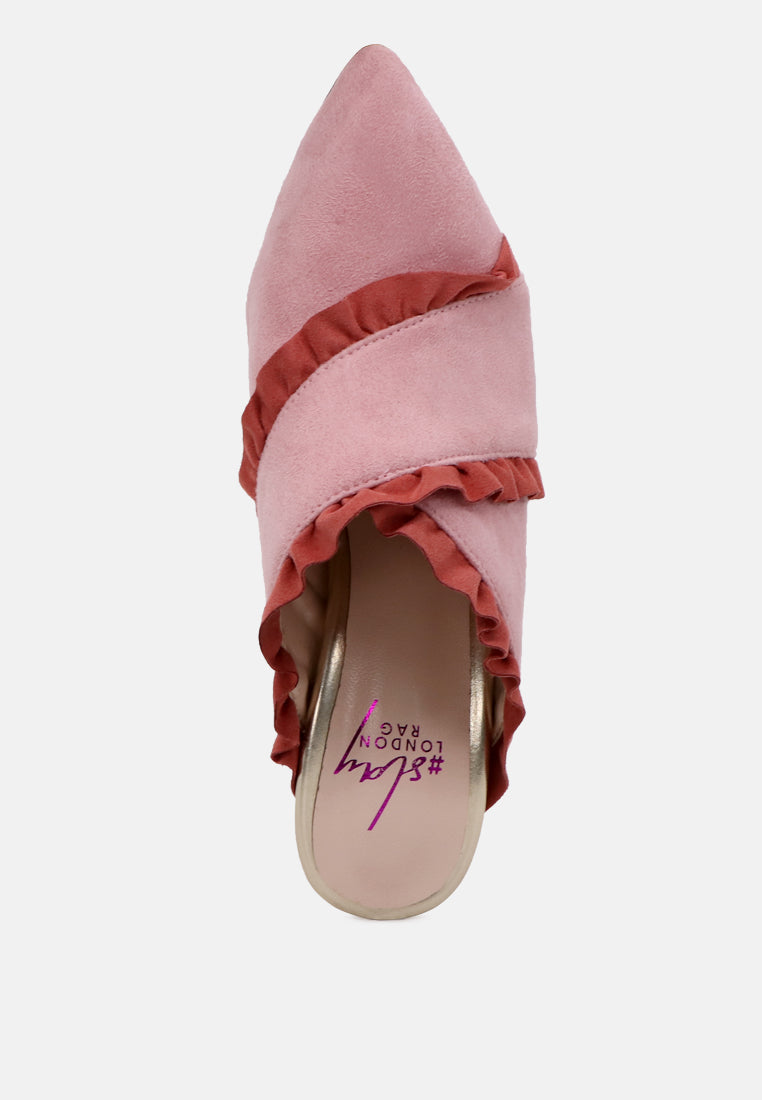 venessa blush high heel pointed mules with ruffles#color_blush