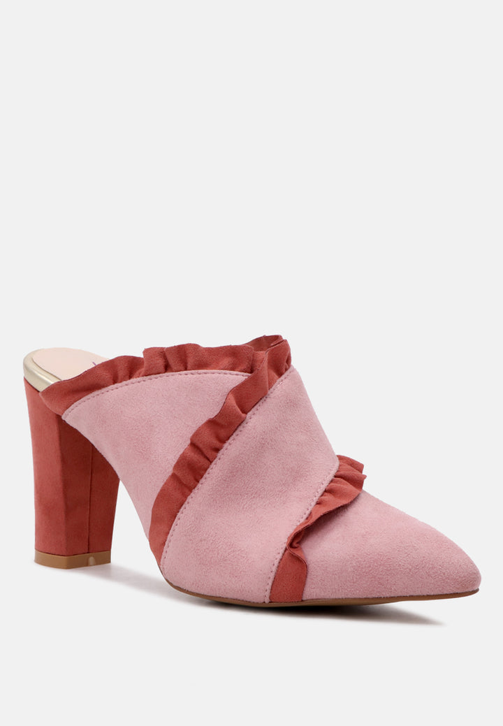 venessa blush high heel pointed mules with ruffles#color_blush