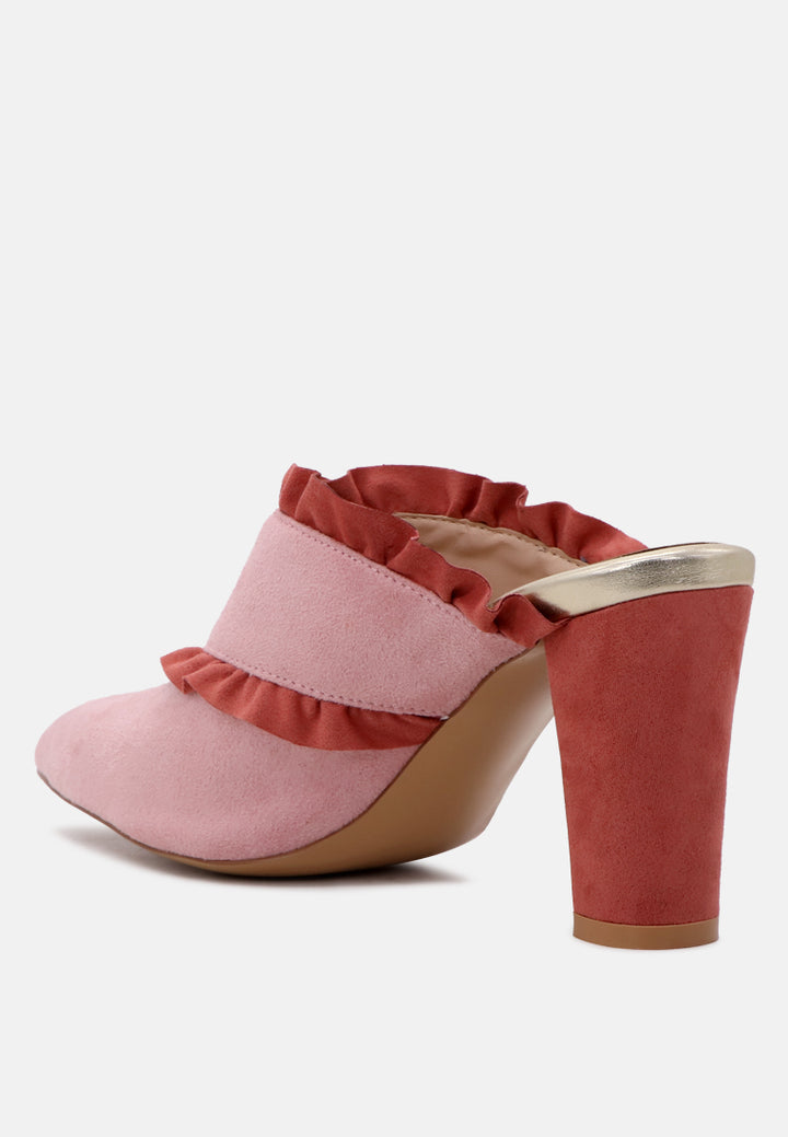 venessa blush high heel pointed mules with ruffles#color_blush